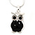 Clear Crystal Black Enamel Owl Pendant With Silver Tone Snake Type Chain - 40cm L/ 4cm Ext