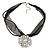 White Glass Pearl, Clear Crystal Flower Pendant With Black Organza Ribbon In Silver Tone - 44cm L/ 7cm Ext