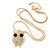 Clear/ Green Crystal Owl Pendant with Snake Type Chain In Gold Tone Metal - 46cm L/ 4cm Ext - view 3