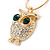 Clear/ Green Crystal Owl Pendant with Snake Type Chain In Gold Tone Metal - 46cm L/ 4cm Ext - view 2