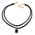 Black Double Black Faux Suede Cord Choker Necklace with Jet Black Square Glass Bead Pendant - 33cm L/ 5cm Ext