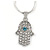 Crystal Hamsa Hand Pendant with Silver Tone Snake Type Chain - 40cm L/ 5cm Ext