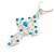 Turquoise Bead, Light Blue Crystal Filigree Cross Pendant with Silver Tone Snake Type Chain - 44cm L/ 4cm Ext - view 3