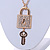 Statement Crystal Lock and Key Pendant with Chunky Long Chain In Gold Tone - 68cm - view 4