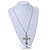 Large Crystal Filigree Cross Pendant with Chunky Long Chain In Silver Tone - 70cm L - view 3