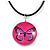 Delicate Round Glass Butterfly (Two-sided) Pendant with Black Cord (Deep Pink/ Black) - 42cm L/ 5cm Ext