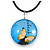 Delicate Round Glass Butterfly (Two-sided) Pendant with Black Cord (Blue/ Black/ Yellow) - 42cm L/ 5cm Ext