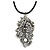 Burn Silver Large Diamante 'Feather' Pendant On Black Leather Cord Necklace - 38cm Length/ 7cm Ext