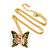 Small Butterfly Pendant with Gold Tone Chain in Green/ Orange/ Red Enamel - 44cm L/ 5cm Ext - view 2
