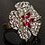 Silver Tone Diamante Flower Cocktail Ring (Clear & Fuchsia) - view 7