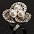 3 Petal Flower Faux Pearl Cocktail Ring (Silver Tone) - view 2