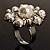 Delicate Imitation Pearl Crystal Floral Ring (Silver Tone) - view 4