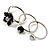 Set Of 3 Floral & Bead Rings (Silver Tone & Black)
