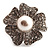 Oversized Diamante Simulated Pearl Daisy Cocktail Ring (Silver Tone Metal) - 4cm Diameter