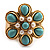 Turquoise Coloured Acrylic Bead Flower Stretch Ring (Gold Tone Metal) - view 3