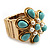Turquoise Coloured Acrylic Bead Flower Stretch Ring (Gold Tone Metal) - view 8