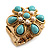 Turquoise Coloured Acrylic Bead Flower Stretch Ring (Gold Tone Metal) - view 2
