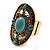 Oval Victorian Turquoise Coloured Acrylic Bead, Crystal Flex Ring in Gold Plating - Size 7/9 - view 9