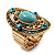 Oval Victorian Turquoise Coloured Acrylic Bead, Crystal Flex Ring in Gold Plating - Size 7/9 - view 11