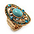 Oval Victorian Turquoise Coloured Acrylic Bead, Crystal Flex Ring in Gold Plating - Size 7/9 - view 4
