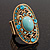 Oval Victorian Turquoise Coloured Acrylic Bead, Crystal Flex Ring in Gold Plating - Size 7/9 - view 2