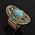 Oval Victorian Turquoise Coloured Acrylic Bead, Crystal Flex Ring in Gold Plating - Size 7/9 - view 15