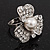 3 Petal Simulated Pearl Crystal Daisy Cocktail Ring In Rhodium Plating - 3cm Diameter - view 6