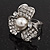 3 Petal Simulated Pearl Crystal Daisy Cocktail Ring In Rhodium Plating - 3cm Diameter - view 7