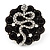 Crystal 'Snake' On Black 'Flower' Ring In Silver Finish - Adjustable - 3.3cm Diameter