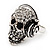 Clear Crystal 'Skull Wearing Headphones' Ring In Burnt Silver Metal - Adjustable - 3cm Length - view 10