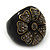 Dark Grey Crystal Floral Black Enamel Shield Ring In Bronze Tone - view 6