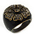 Dark Grey Crystal Floral Black Enamel Shield Ring In Bronze Tone - view 4