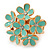 Gold Plated 'Damsel Daisies' Crystal Set Enamelled Stretch Ring (Pastel Green) -  Adjustable size 7/8
