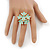 Gold Plated 'Damsel Daisies' Crystal Set Enamelled Stretch Ring (Pastel Green) -  Adjustable size 7/8 - view 3