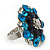 Silver Tone Dark Blue/ Clear/ Turquoise Coloured Diamante Cocktail Ring (Adjustable Size 7/8) - 3cm Diameter - view 4