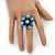 Silver Tone Dark Blue/ Clear/ Turquoise Coloured Diamante Cocktail Ring (Adjustable Size 7/8) - 3cm Diameter - view 3