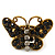 'Papillonne' Swarovski Encrusted Butterfly Cocktail Stretch Ring In Burn Gold Finish (Black Crystals) - Adjustable size 7/8