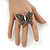 'Flutter-By' Swarovski Encrusted Butterfly Cocktail Stretch Ring - Rhodium Plated (Grey Crystals) - Adjustable size 7/8 - view 3