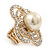 Large Prom, Four Petal Crystal, Simulated Pearl 'Flower' Stretch Ring In Gold Plating - 40mm Across - Size 6/7 - view 3