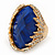 Oval Blue Faceted Resin Stone, Diamante Cocktail Flex Ring In Gold Plating - 35mm Across - Size 7/8
