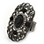 Large Victorian Filigree Black Glass Crystal Oval Ring In Gun Metal Finish - Flex - 45mm Across - Size 7/8