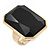Faceted Rectangular Black Glass Ring In Gold Plating - 27mm Across - Adjustable - Size 7/8