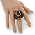 Statement Black Crystal Dome Shaped Cocktail Flex Ring Gold Tone - 30mm Across - Size 8 - view 3