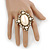 Vintage Inspired Oversized Oval, Crystal, Simulated Pearl Flex Cocktail Ring In Antique Gold Tone - 60mm L - Size 7/8 - view 2