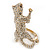 Gold Plated Sculptured Swarovski Crystal 'Cat' Statement Ring - Size 8 - 4cm Length - view 2