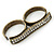 Vintage Pave-Set 'Plate' Two Finger Ring In Bronze Tone Metal - Adjustable - 35mm Width - view 6
