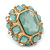 Statement Pale Blue/ Clear Glass Bead Dome Shaped Cocktail Flex Ring In Brushed Gold - 40mm Across - Size 7/8