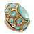 Statement Pale Blue/ Clear Glass Bead Dome Shaped Cocktail Flex Ring In Brushed Gold - 40mm Across - Size 7/8 - view 2