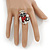 Black/ Red Enamel, Crystal Owl Ring In Silver Tone - Size 7/8 - Adjustable - view 2