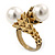 Vintage Inspired 12mm White Simulated Glass Pearl Floral Ring In Antique Gold Tone - Size 7